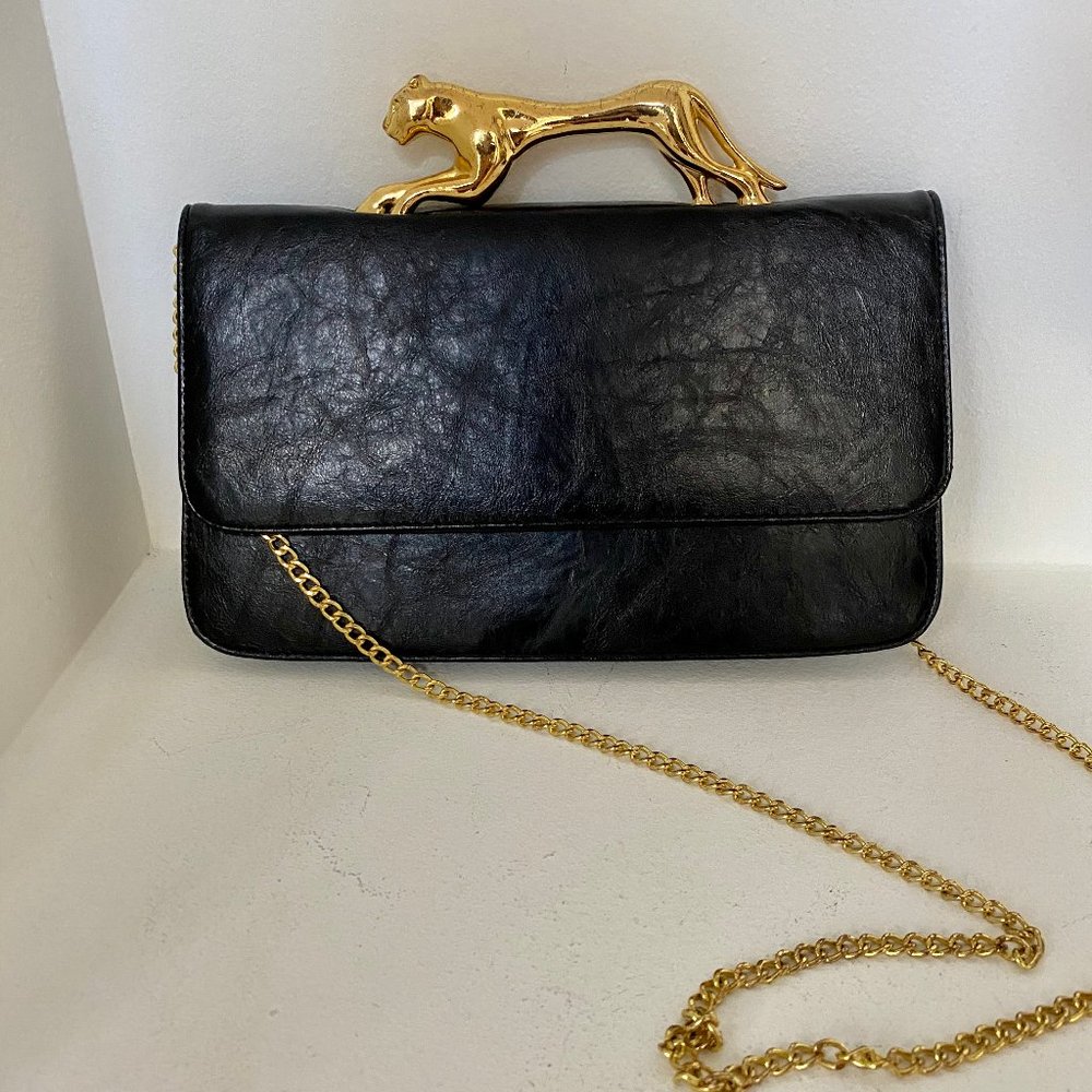 Deena & Ozzy Black Clutch w Gold Panther Handle